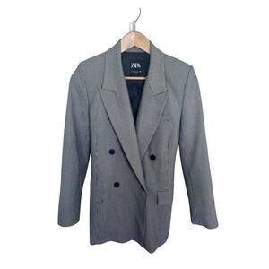 New ZARA Oversized Gray / Black Houndstooth Check Double Breasted Blazer Sz‎ XS